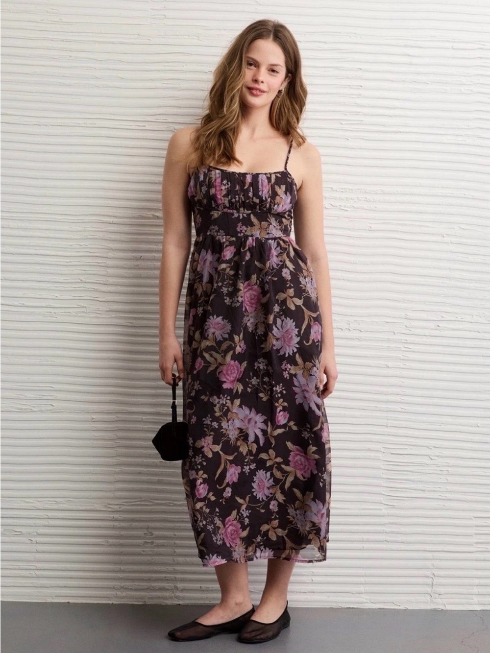 Dark Floral Corset Midi Dress Ruched Bust American Eagle New With Tags Small